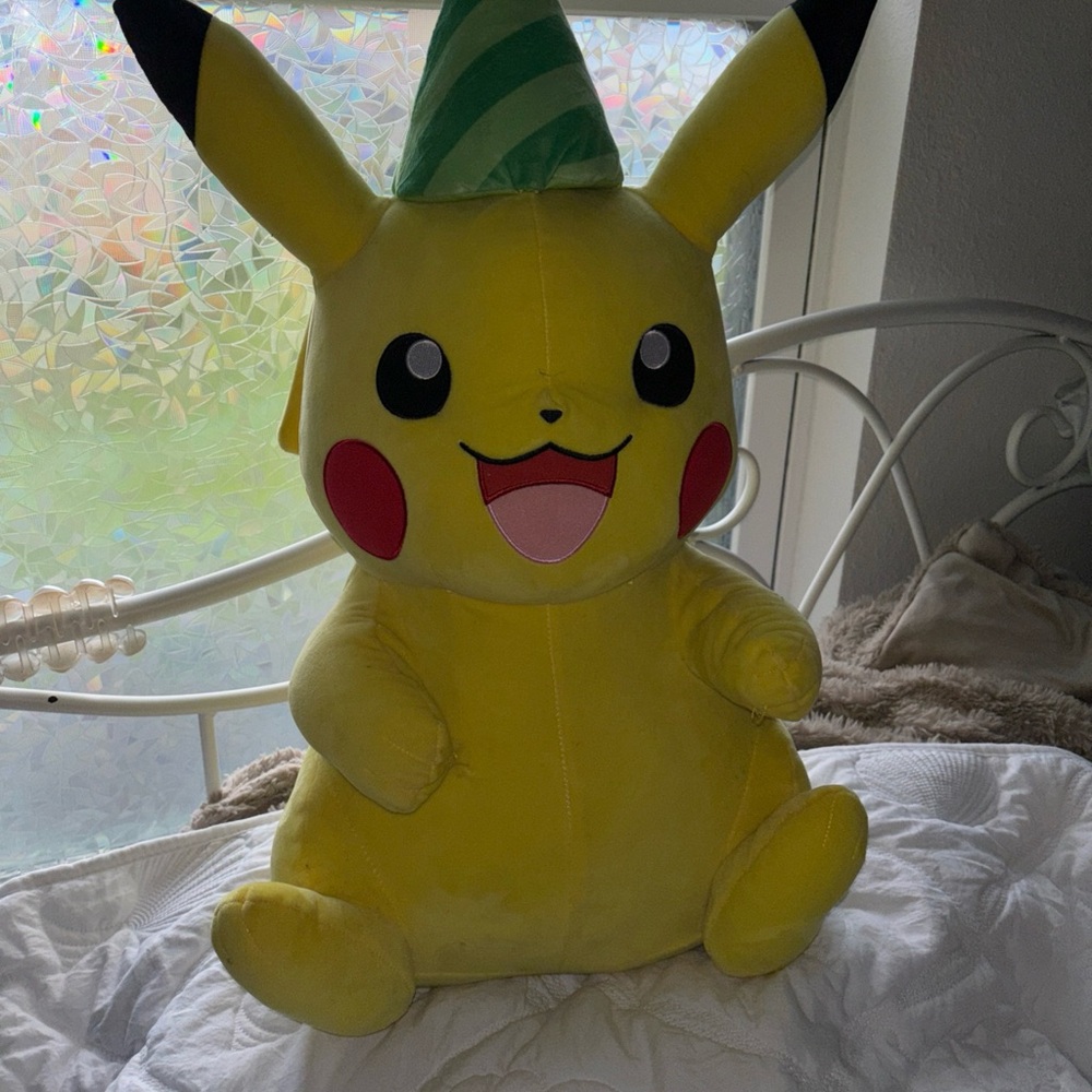 Pokemon Yellow Pikachu Plush with Green Party Hat 25th anniversary